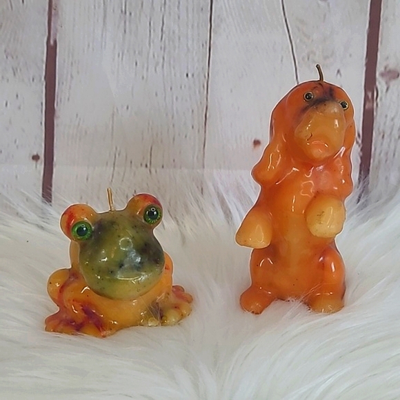 Vintage 70s Pair of Rainbow Wax Animal Candles Candle Frog Dog Spaniel Puppy - Picture 4 of 17